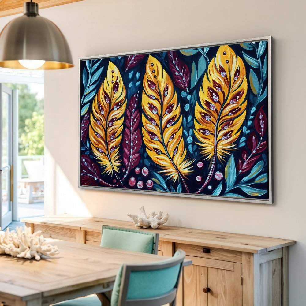 Framed Wall Art: Vibrant feather painting in warm yellow, purple, and teal hues. Adds a pop of color to any room!