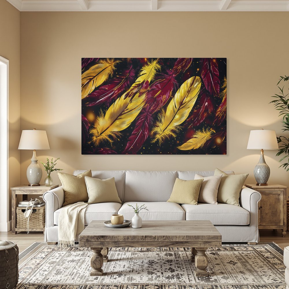 Framed Wall Art: Stunning feather design in gold and burgundy. Add elegance to your space with this beautiful canvas print!
