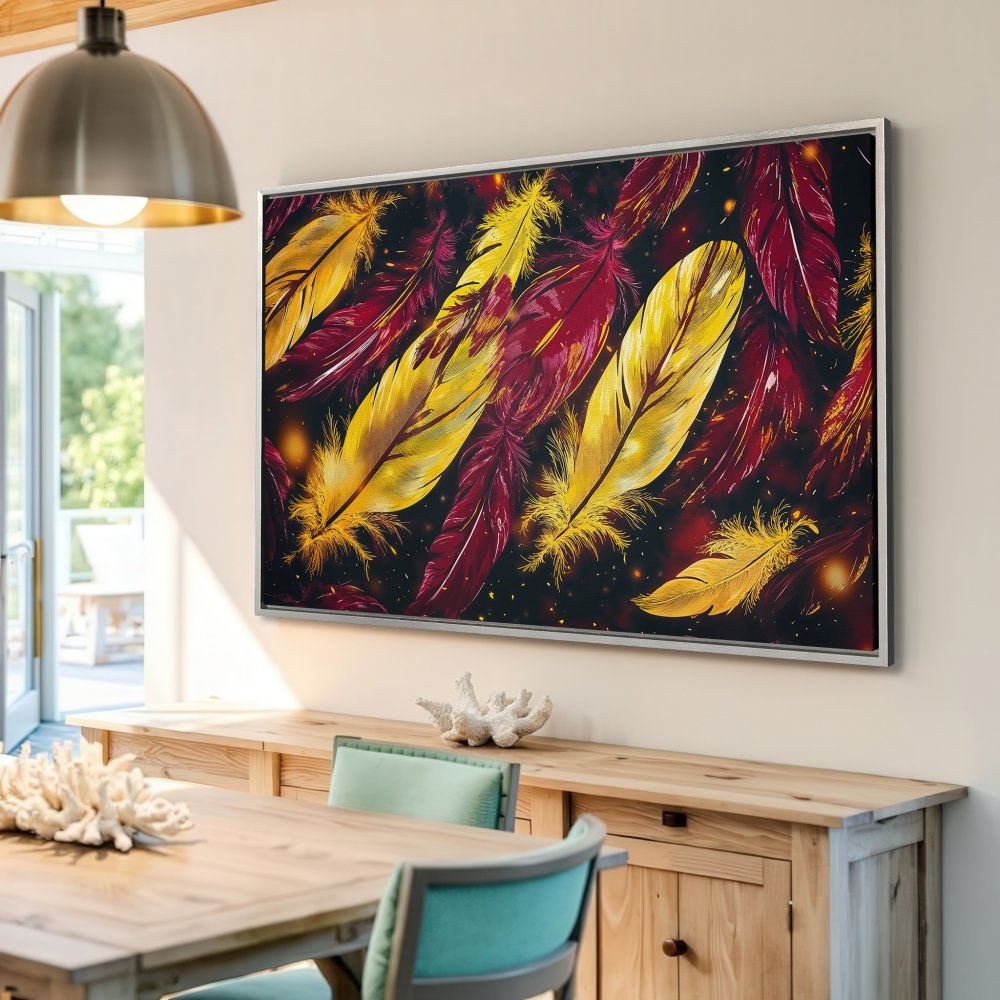 Framed Wall Art featuring a vibrant feather design in yellow and burgundy hues. Modern art adds a touch of elegance to any interior.