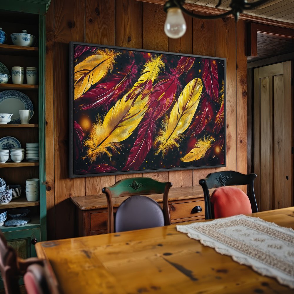 Framed Wall Art: Abstract feather design in gold and burgundy. Perfect for adding warmth and style to your home decor. Shop now!