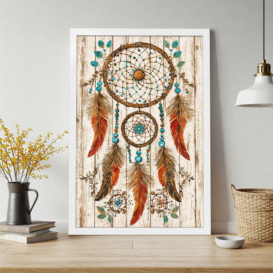 Framed Poster featuring a dreamcatcher design in rustic style with warm brown, teal, and orange tones. Perfect wall art for a boho aesthetic.