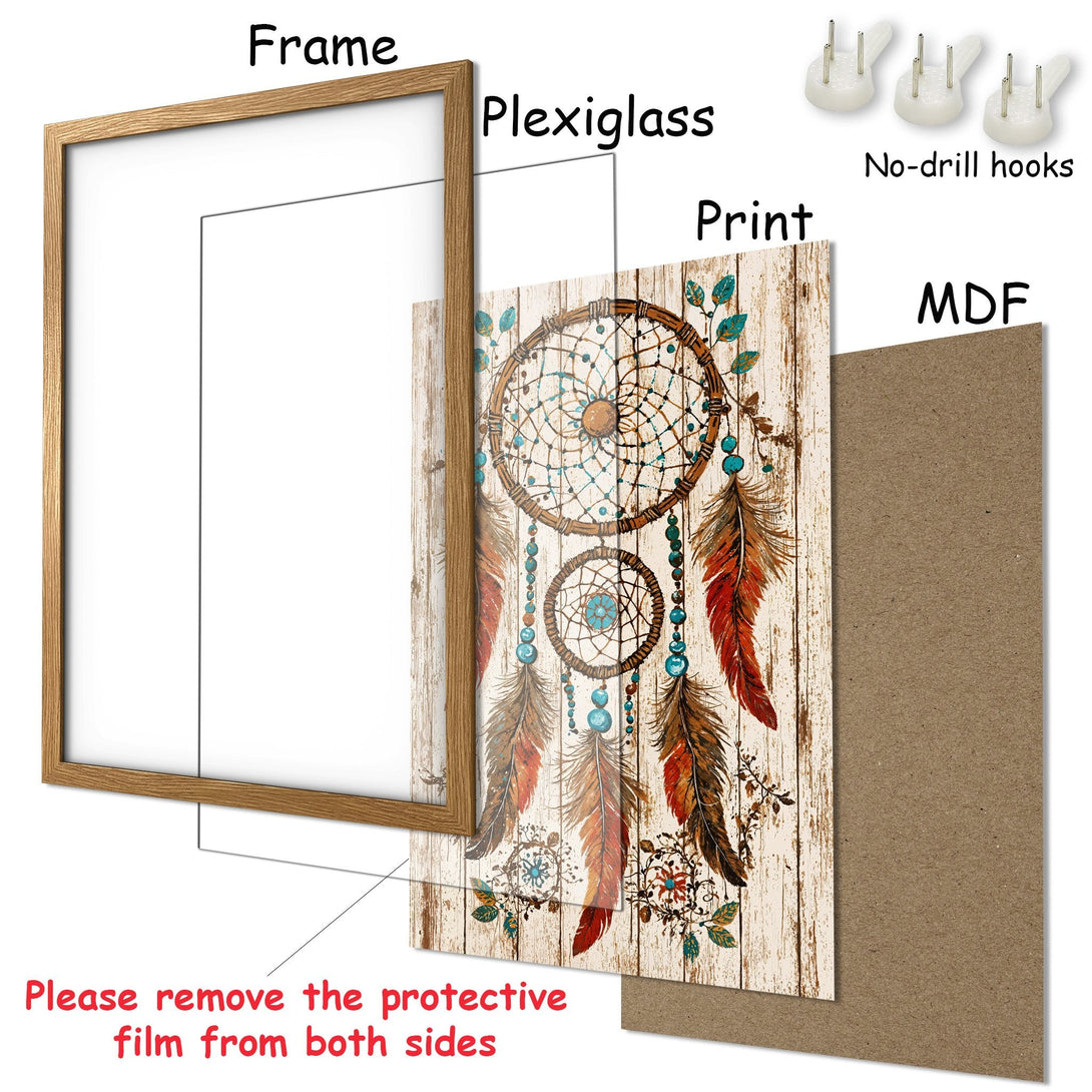 Framed Poster featuring a dreamcatcher design in a rustic style with a warm, earthy color palette. Perfect wall art!