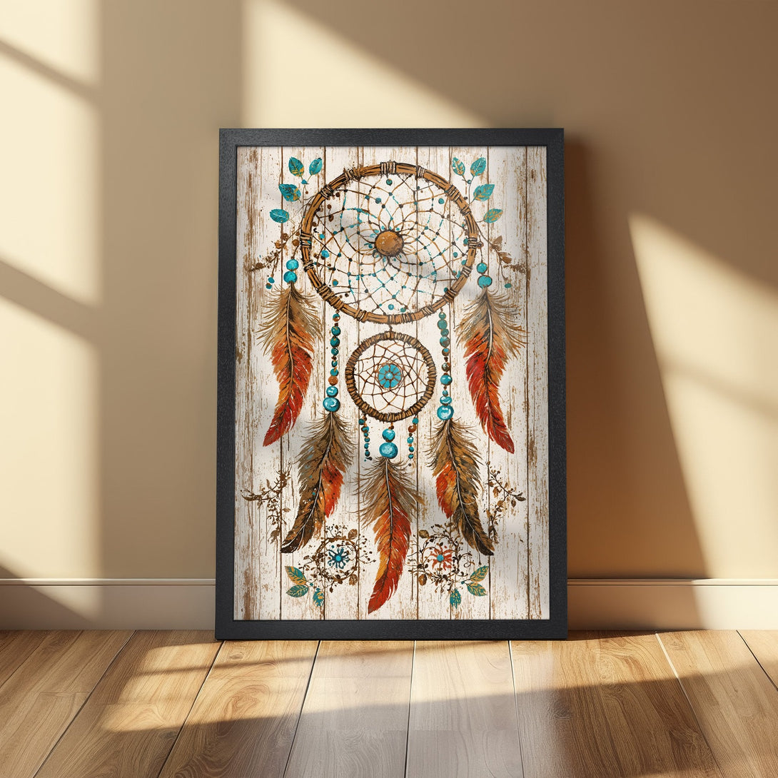 Framed Poster of a dreamcatcher in watercolor style, featuring warm earth tones and turquoise accents. Perfect boho wall art.