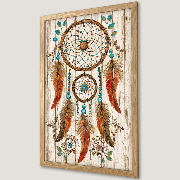 Framed Poster featuring a dreamcatcher design in watercolor style with a rustic wood background, warm earth tones, and turquoise accents.