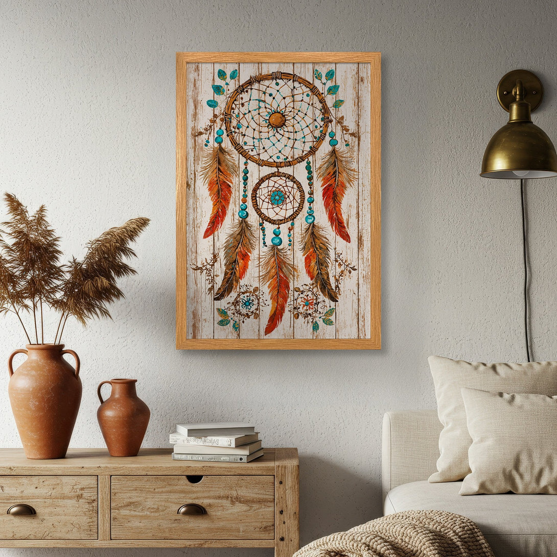 Framed Poster featuring a dreamcatcher design in boho style with a warm, earthy color palette. Perfect wall art for your home!