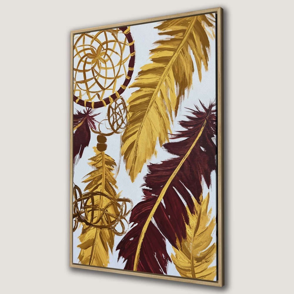 Framed Wall Art: Dreamcatcher and feather painting in gold and burgundy. Add bohemian style with this canvas print!