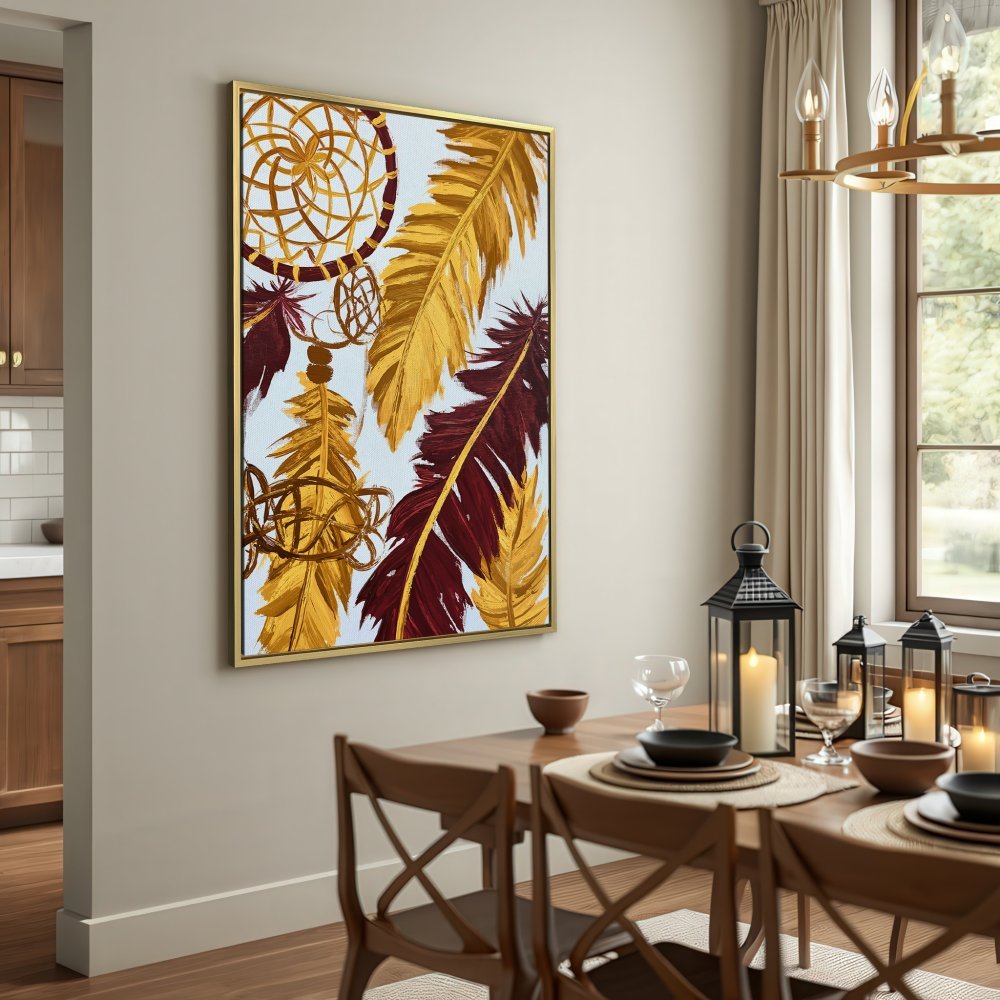 Canvas Print: Boho feather art in gold and burgundy hues. Perfect wall decor for a stylish interior.
