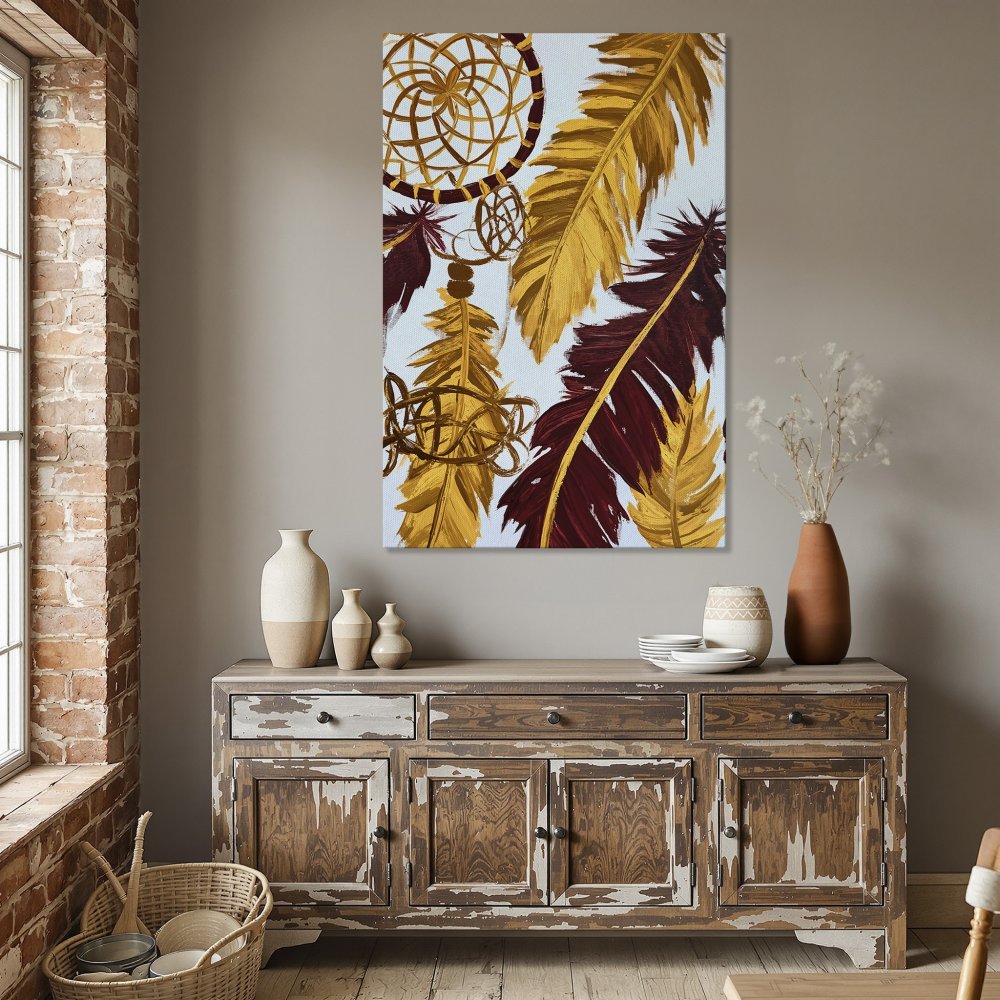 Framed Wall Art: Dreamcatcher and feather Canvas Print in gold and burgundy, perfect for boho decor. Shop now!
