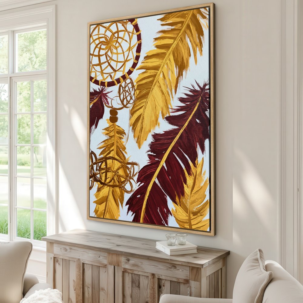 Framed Wall Art: Dreamcatcher and feather Canvas Print in gold and burgundy. Boho style art for your home decor.