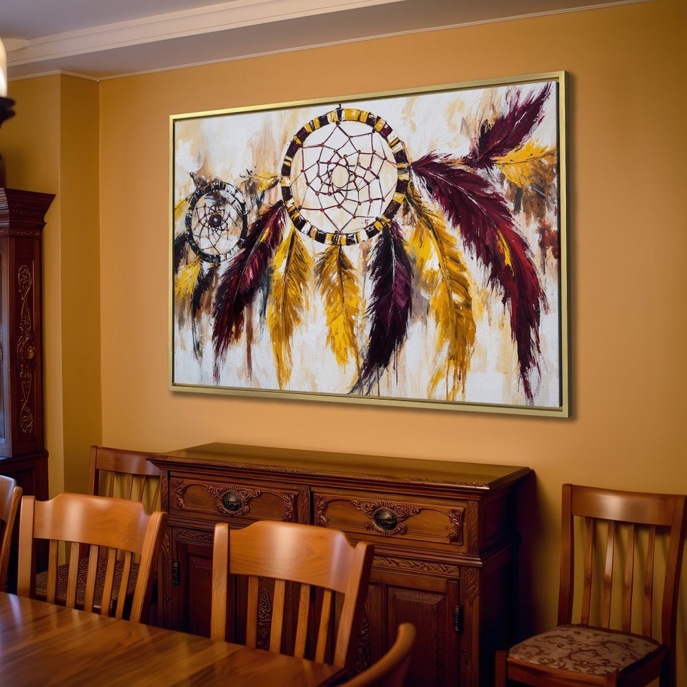 Canvas Print of dreamcatchers in warm yellow, burgundy, and black, perfect for boho home decor.