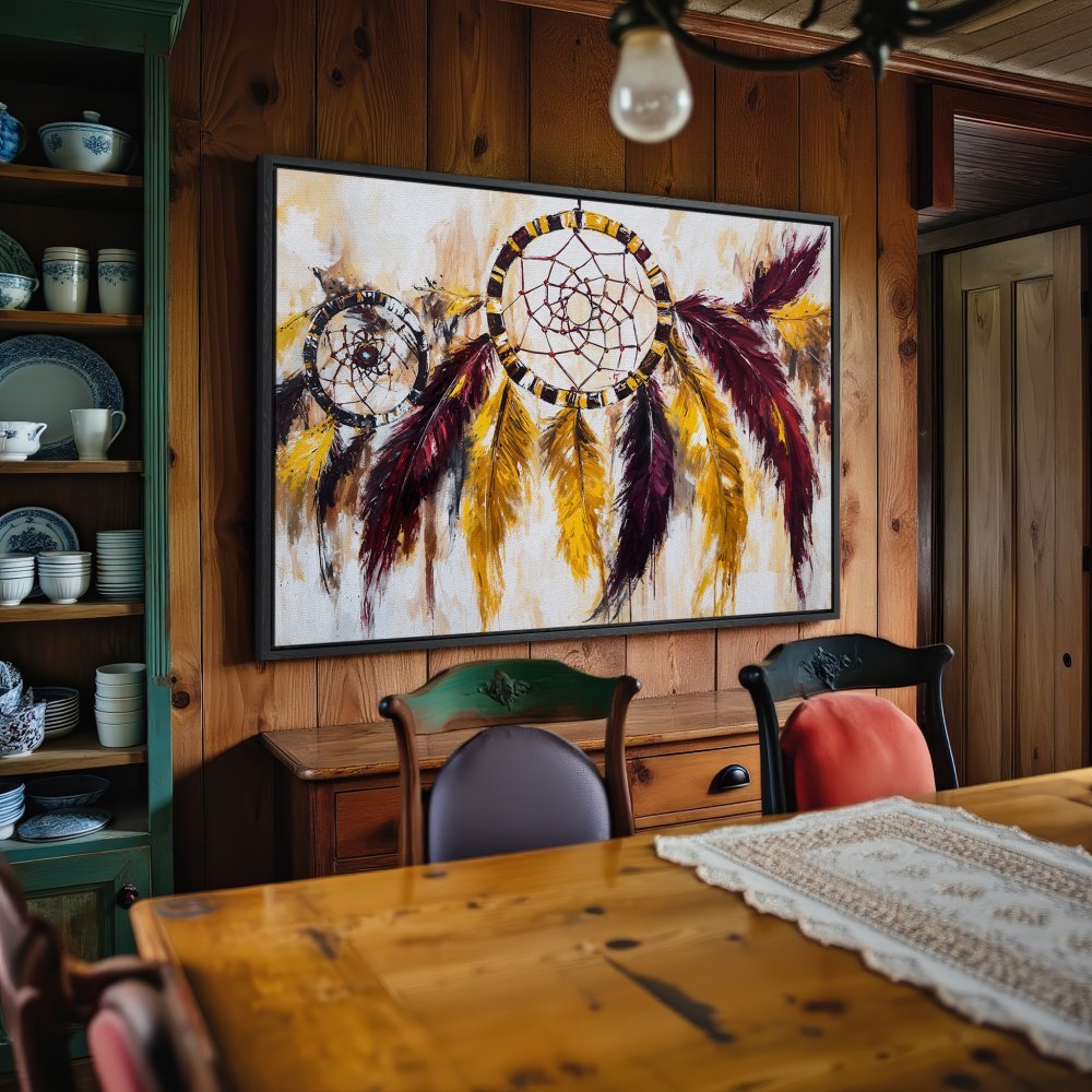 Framed Wall Art: Dreamcatcher canvas print in warm tones. Rustic, bohemian style with gold, burgundy, and cream color palette. Perfect for home decor.