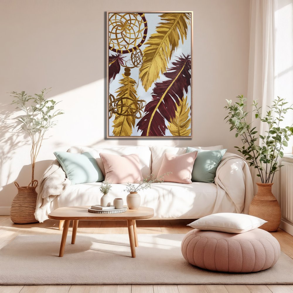 Framed Wall Art featuring gold and burgundy feathers and dreamcatcher, perfect for boho decor. Canvas Print adds warmth to any room.