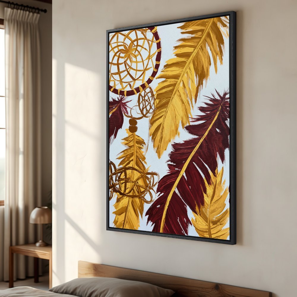Framed Wall Art: Dreamcatcher and feathers in warm gold and burgundy tones. Bohemian style canvas print for bedroom decor.