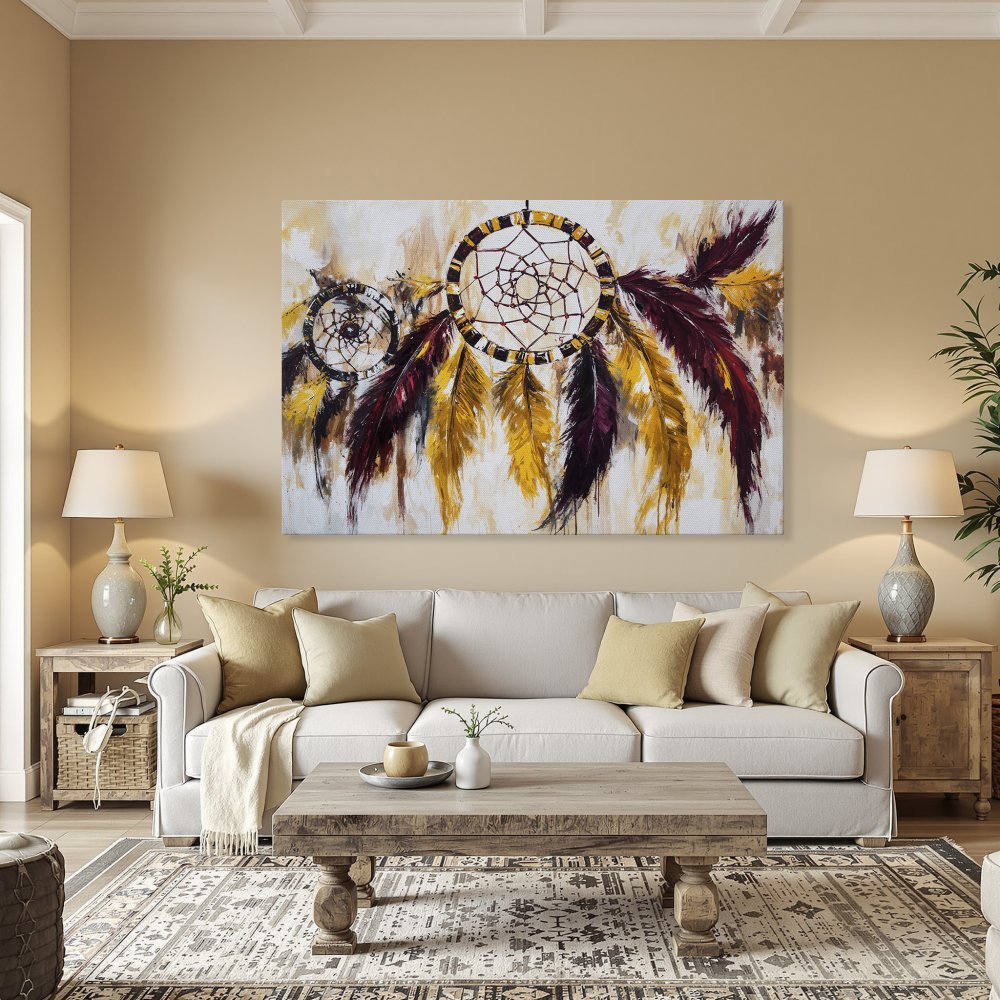 Framed Wall Art: Dreamcatcher painting with rich burgundy, gold, and black feathers. Adds bohemian style to any room. Shop our Canvas Print collection!