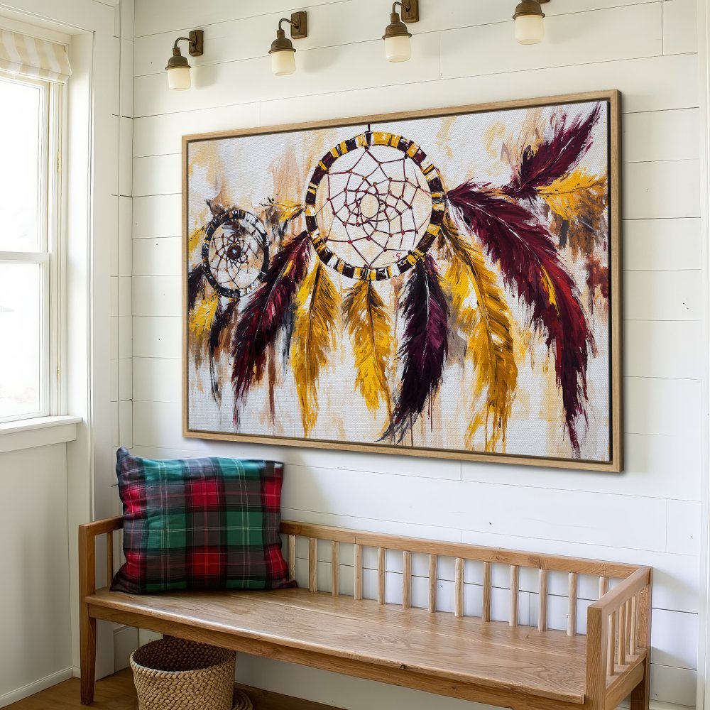 Framed Wall Art: Dreamcatcher Canvas Print with vibrant yellow, burgundy, and neutral tones. Perfect for adding a touch of bohemian style to your home decor.