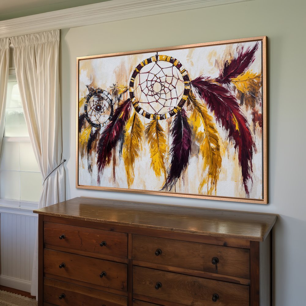 Framed Wall Art: Dreamcatcher painting with gold, burgundy, and yellow feathers. Boho style Canvas Print for home decor.