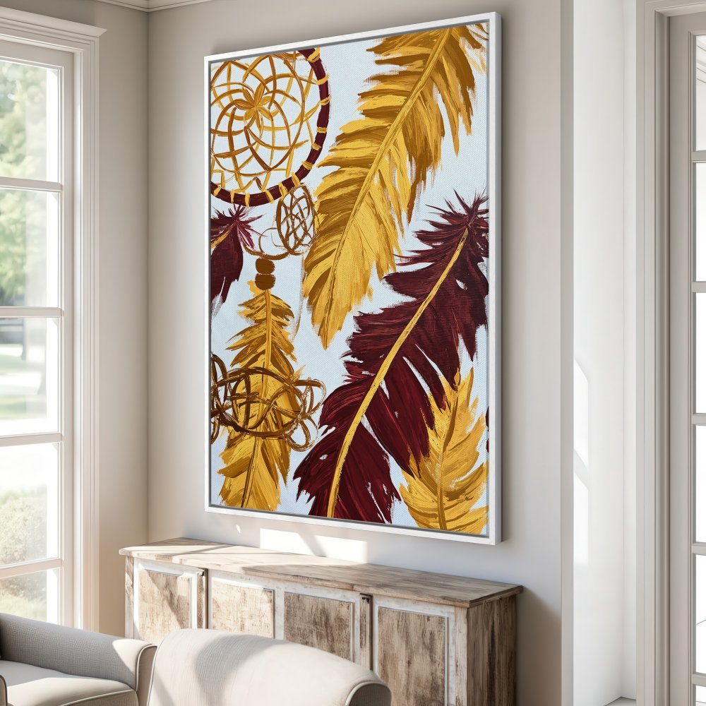 Framed Wall Art: Dreamcatcher and feather painting in gold and burgundy hues. Add bohemian flair to your space!