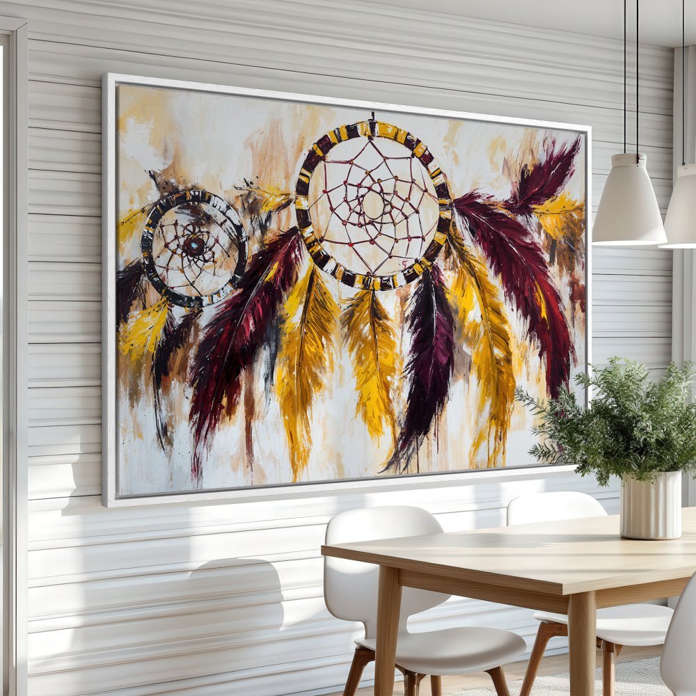 Framed Wall Art: Dreamcatcher painting with vibrant yellow, burgundy, and neutral tones. Perfect for adding boho style to your home decor.