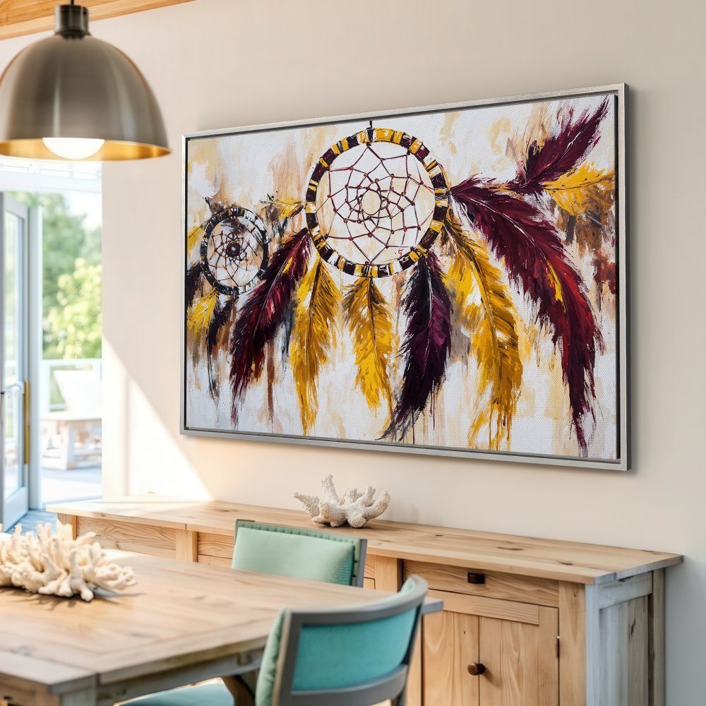 Framed Wall Art: Dreamcatcher painting with rich burgundy, gold, and cream hues. Bohemian style canvas print for a stylish interior.