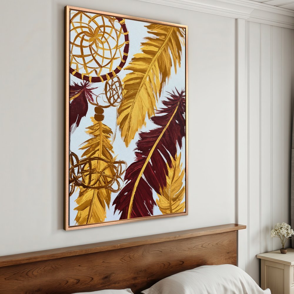 Framed Wall Art: Dreamcatcher and feather canvas print in gold and burgundy. Boho style art for bedroom decor.