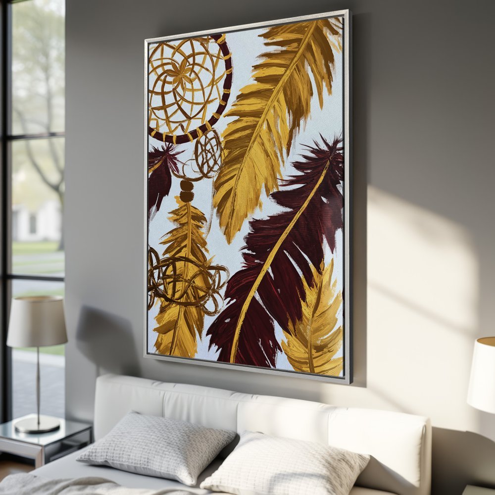 Framed Wall Art: Dreamcatcher and feathers in gold and burgundy. Modern abstract painting on canvas, perfect for bedroom decor.