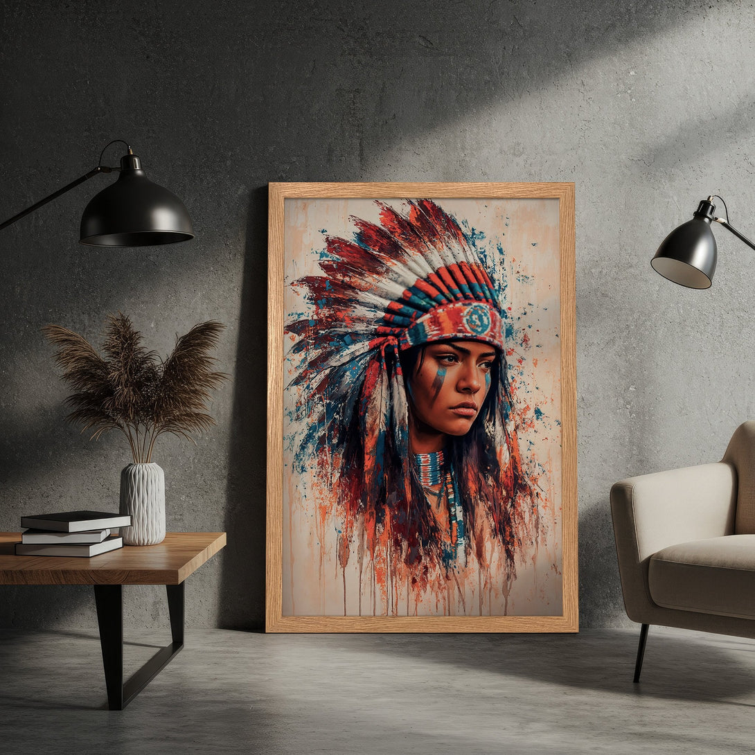 Framed Poster of Native American woman in vibrant colors. Abstract style with red, blue, and orange hues. Perfect wall art.