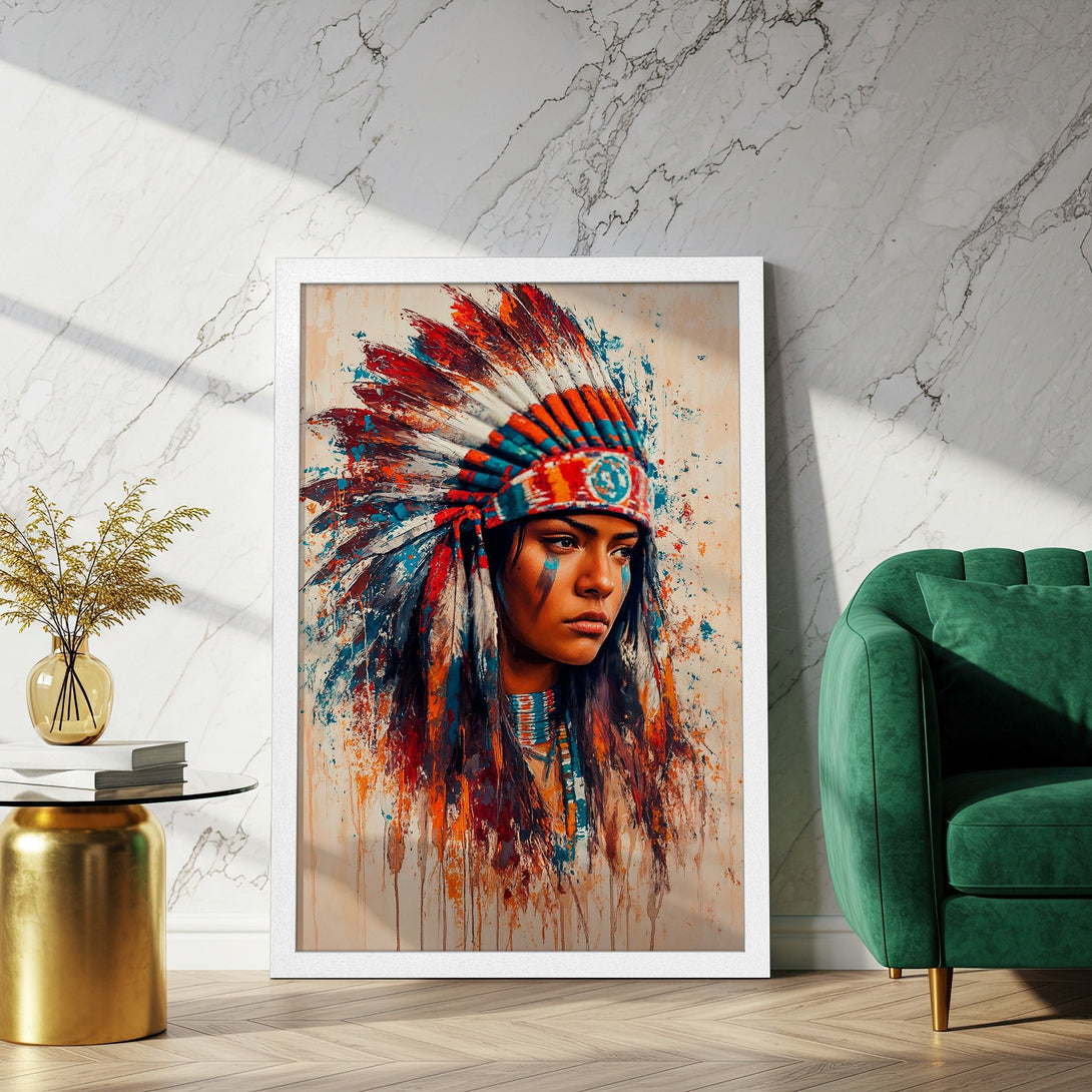 Framed Poster of Native American woman, abstract art style, vibrant red, blue, and orange palette. Perfect wall decor!