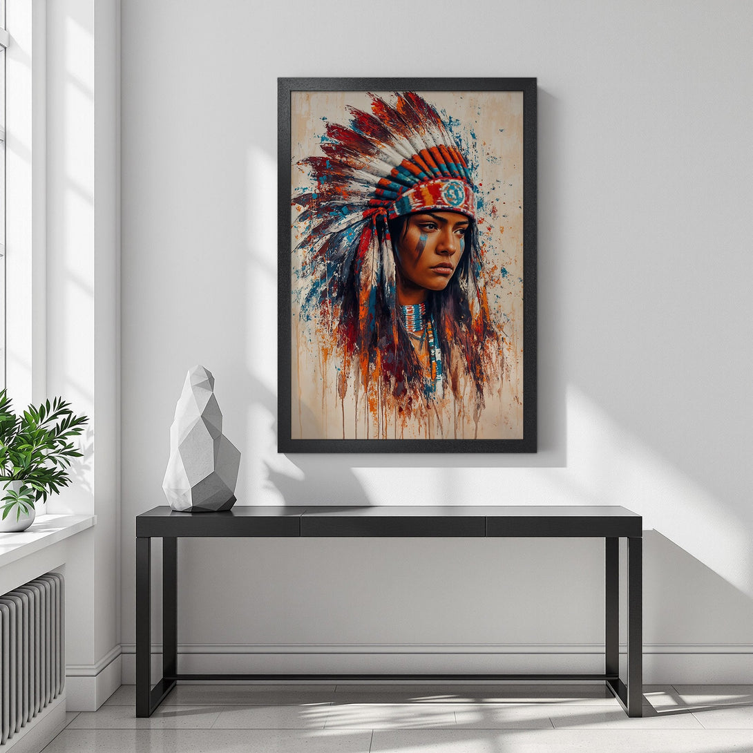 Framed Poster featuring a Native American woman in a colorful headdress. Artistic style with a warm, earthy color palette. Perfect wall decor!