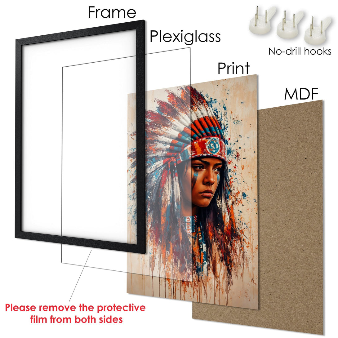 Framed Poster featuring a Native American woman in a vibrant, artistic style. Rich reds, blues, and earth tones create a stunning visual.