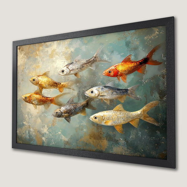 Framed Poster featuring vibrant fish art in an abstract style with teal, gold, and orange hues. Perfect wall decor!