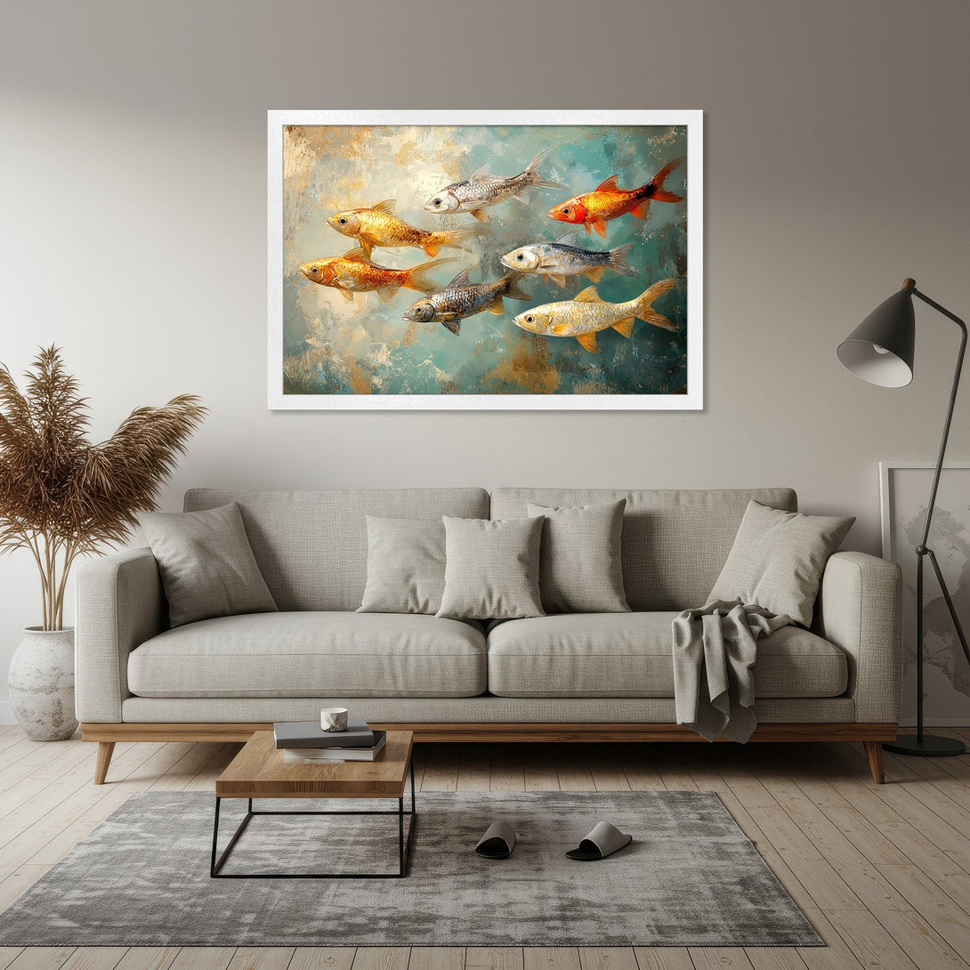 Framed Poster featuring an abstract painting of koi fish in shades of gold, orange, and teal. Modern art for home decor.
