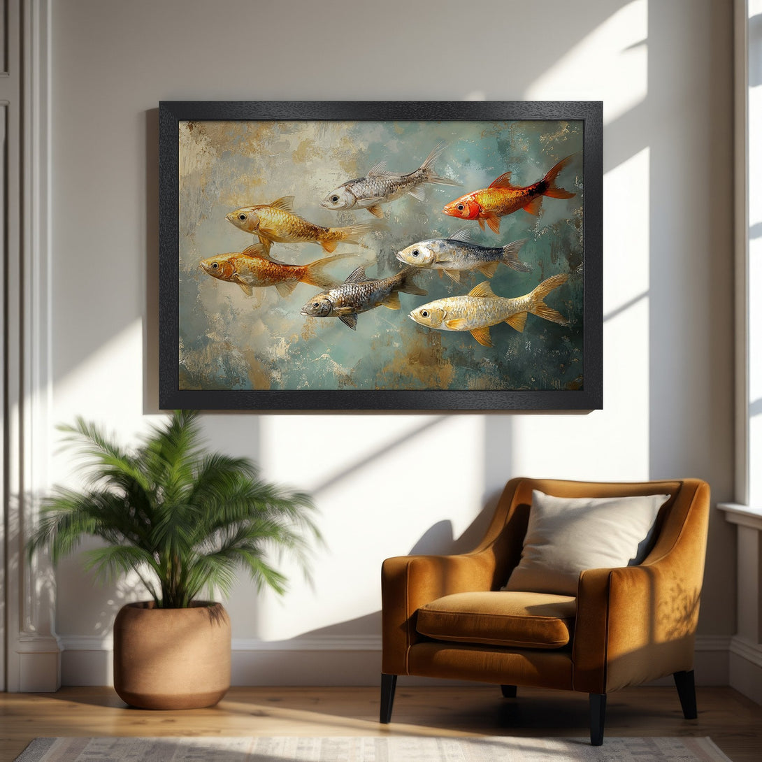 Framed Poster featuring koi fish in an abstract style. Earthy tones of gold, teal, and orange create a calming aesthetic. Perfect home decor!