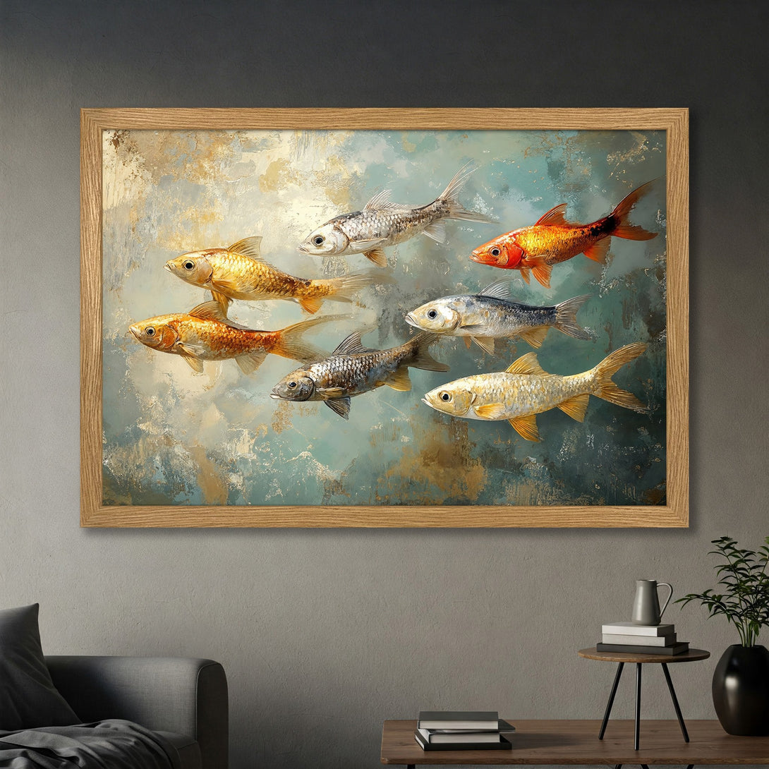 Framed Poster featuring colorful fish art with a teal, gold, and brown palette, perfect for home decor.