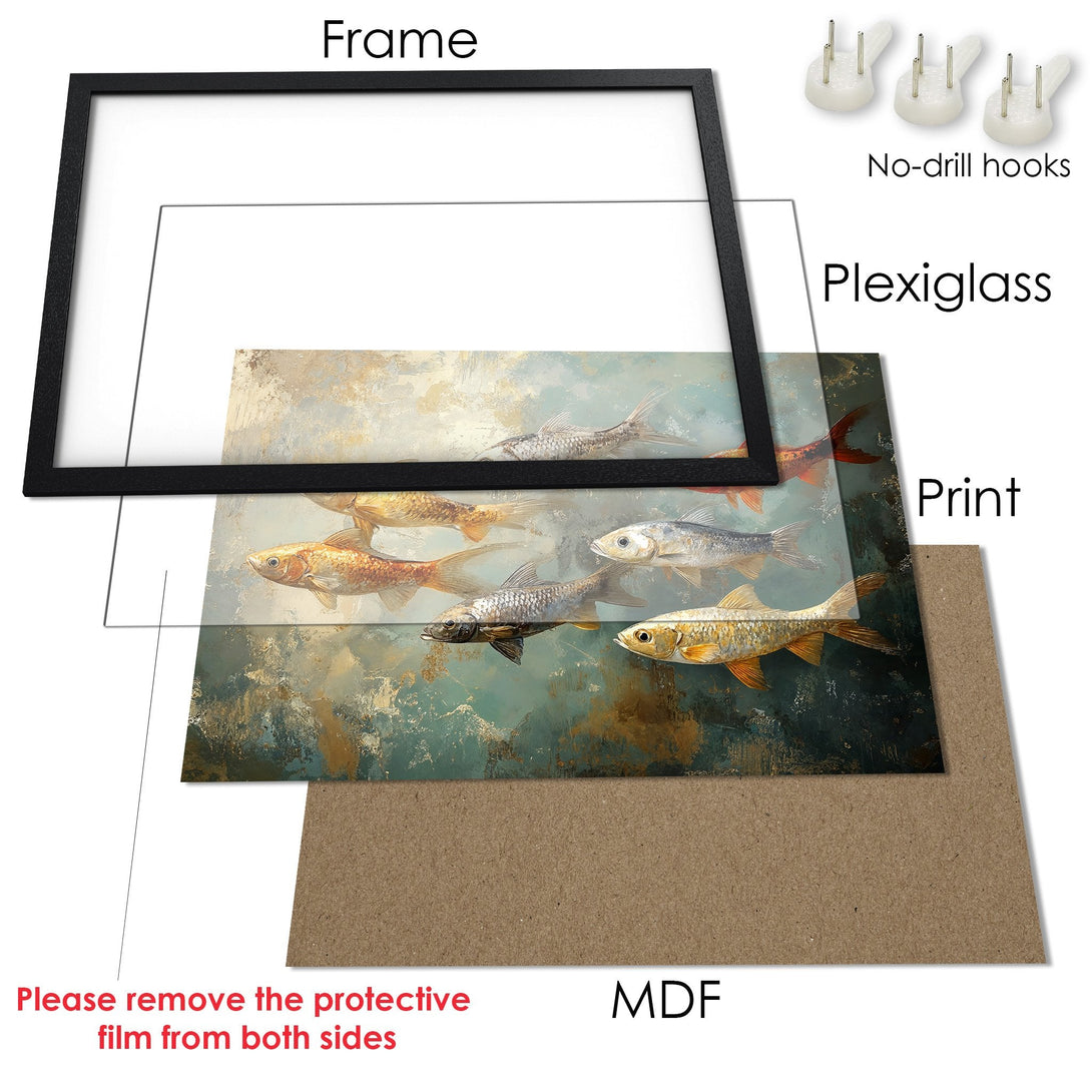 Framed Poster featuring an abstract fish painting in teal and gold tones. Perfect wall art for your home decor!