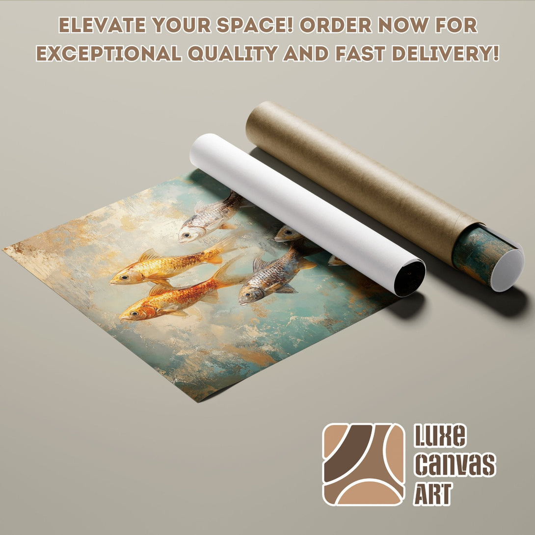 Koi fish art Poster Roll in teal, gold, & neutral tones. Elevate your space with this stunning artwork!