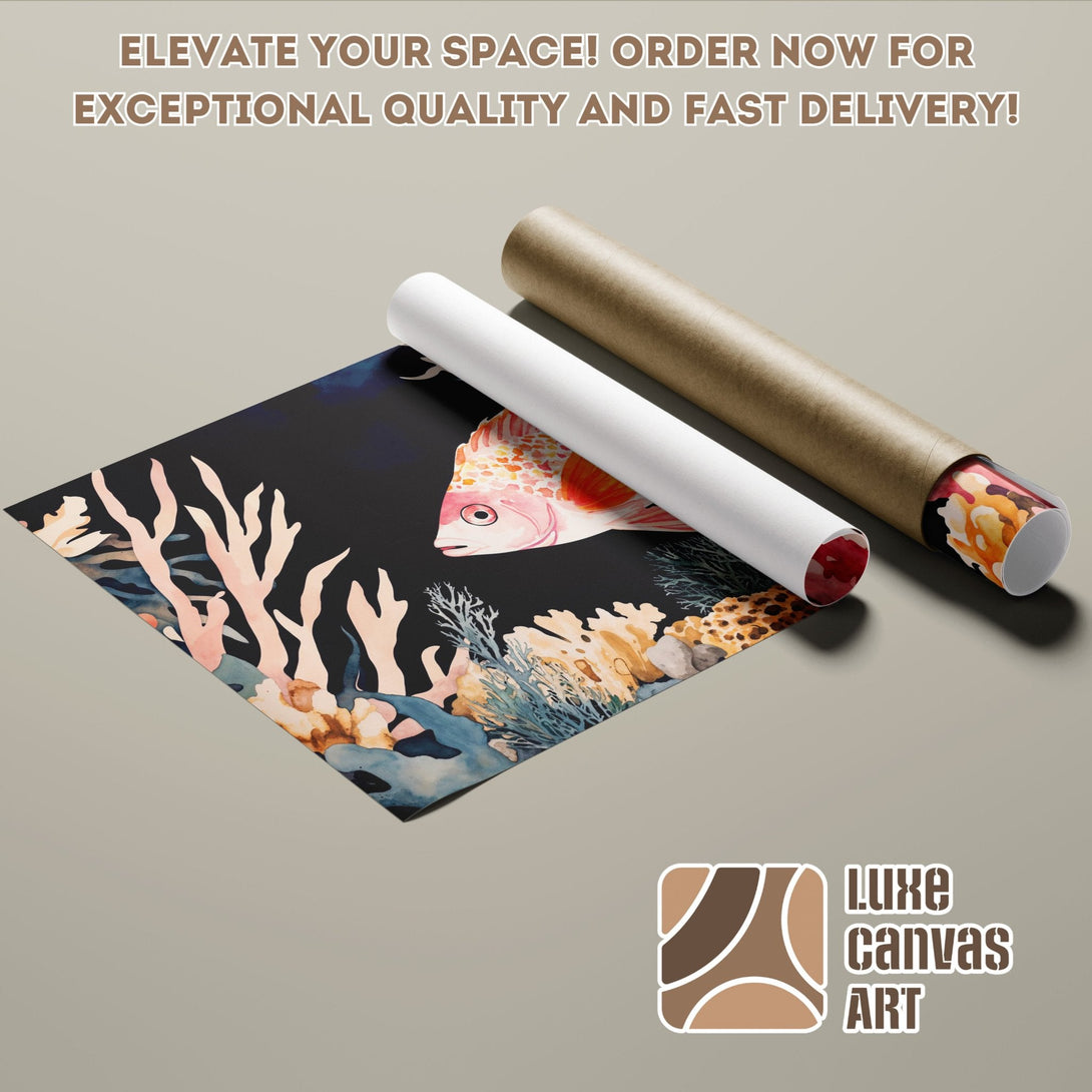 Watercolor Poster Roll featuring coral reef art, with a black background and a warm color palette.