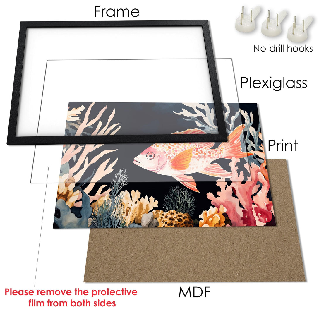 Framed Poster featuring a watercolor fish and coral reef art. Dark, moody color palette with pinks, oranges, and blues.