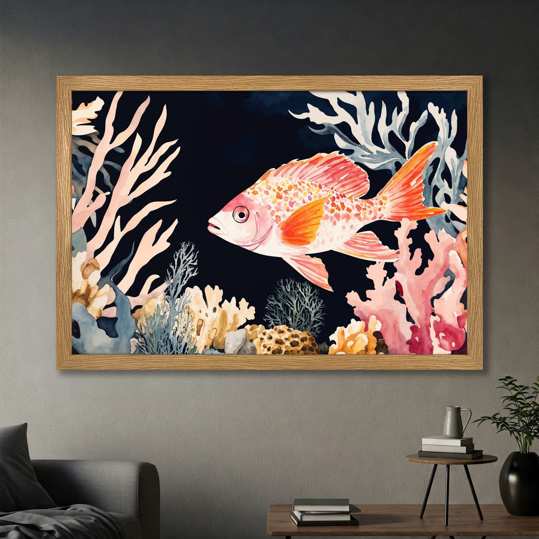 Framed Poster featuring a watercolor-style fish in coral reef, with a palette of pinks, oranges, and blues. Perfect wall art!