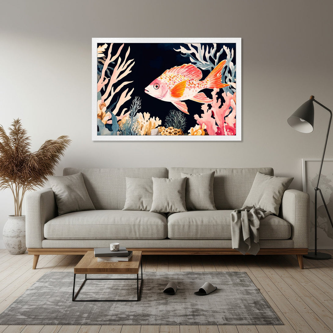 Framed Poster featuring a vibrant watercolor fish and coral reef art. Stunning ocean-inspired decor with a coral, orange, and blue color palette.