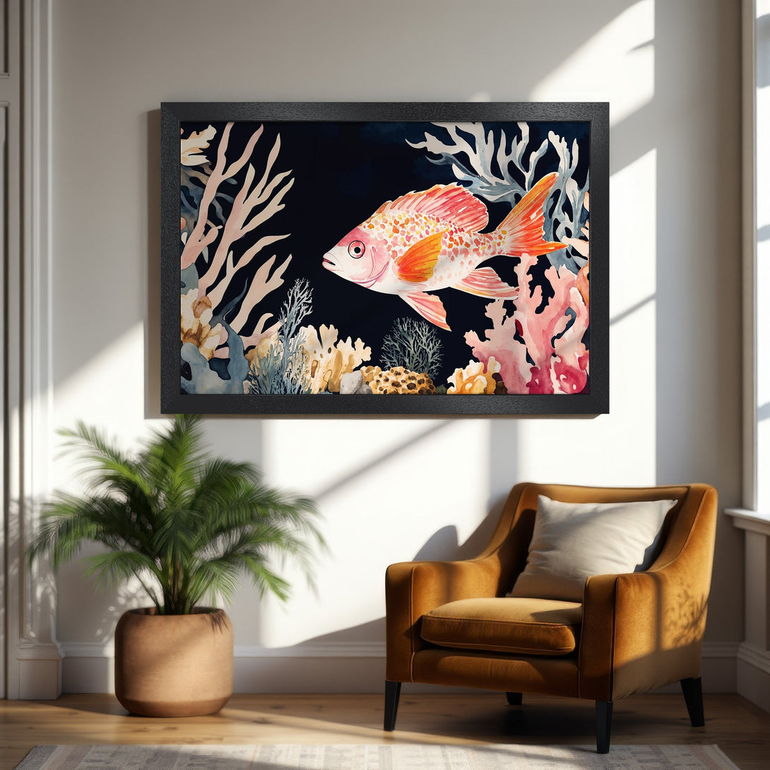 Framed Poster featuring a watercolor fish and coral reef art. Beautiful orange, pink, and blue color palette. Perfect wall decor!