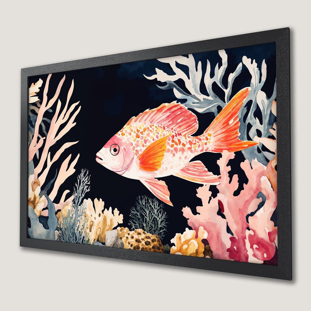 Framed Poster featuring a watercolor fish in an underwater scene. Vibrant coral and fish in a palette of red, orange, and blue. Perfect wall art!