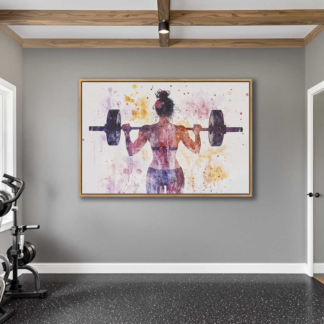 Framed Wall Art featuring a watercolor-style weightlifter in a gym setting. Vibrant purple, orange, and red hues on a canvas print. Perfect for fitness enthusiasts!