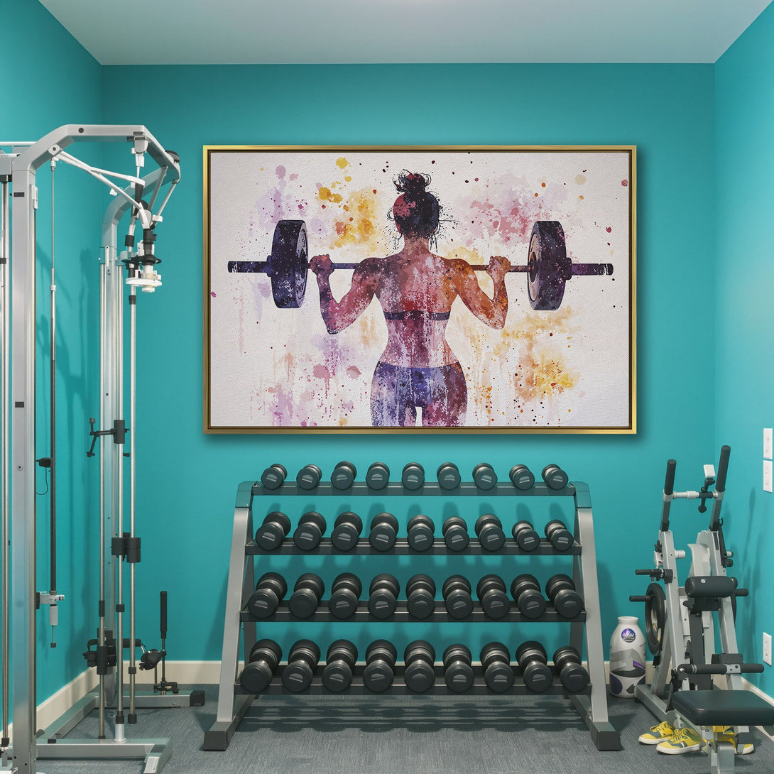 Canvas Print of a watercolor weightlifter in a gym. Featuring a vibrant, colorful, and artistic style. Perfect for fitness enthusiasts!