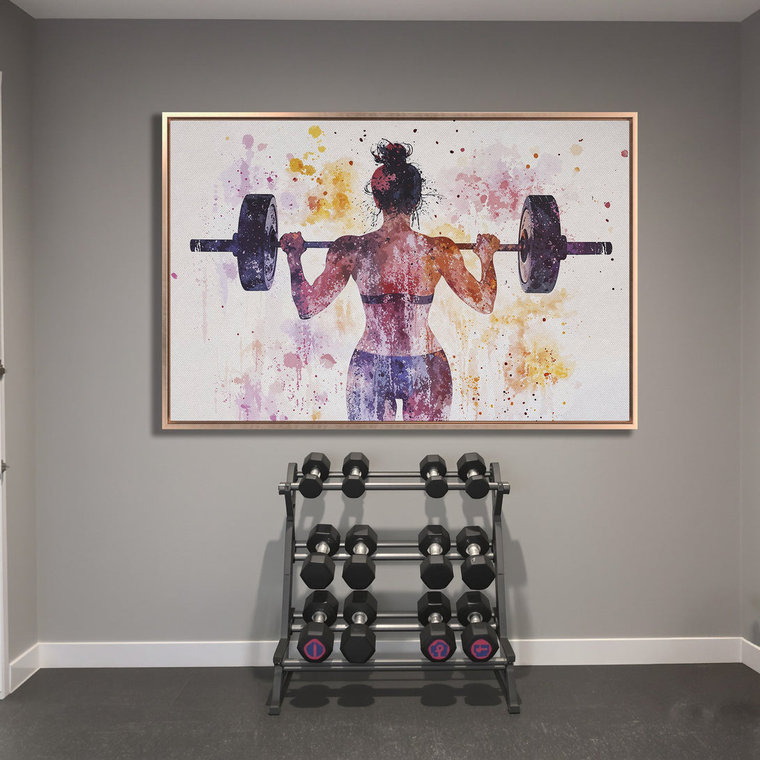 Canvas Print of a watercolor weightlifter in a gym, featuring a vibrant, colorful palette. Perfect wall art for fitness enthusiasts.