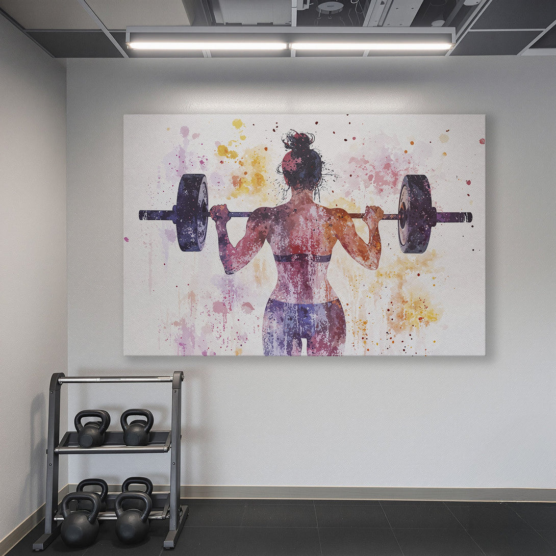 Framed Wall Art: Watercolor woman lifting weights. Vibrant fitness art in a home gym setting. Colorful abstract style with warm and cool tones.