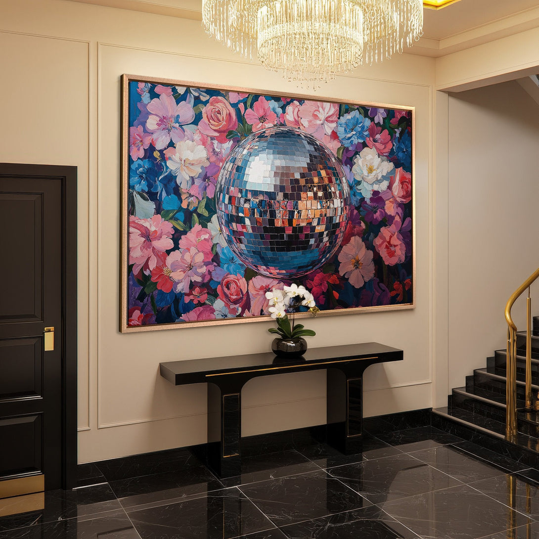 Framed Wall Art: Floral painting with a disco ball in a luxurious interior. Features a colorful palette of pinks, blues, and purples.
