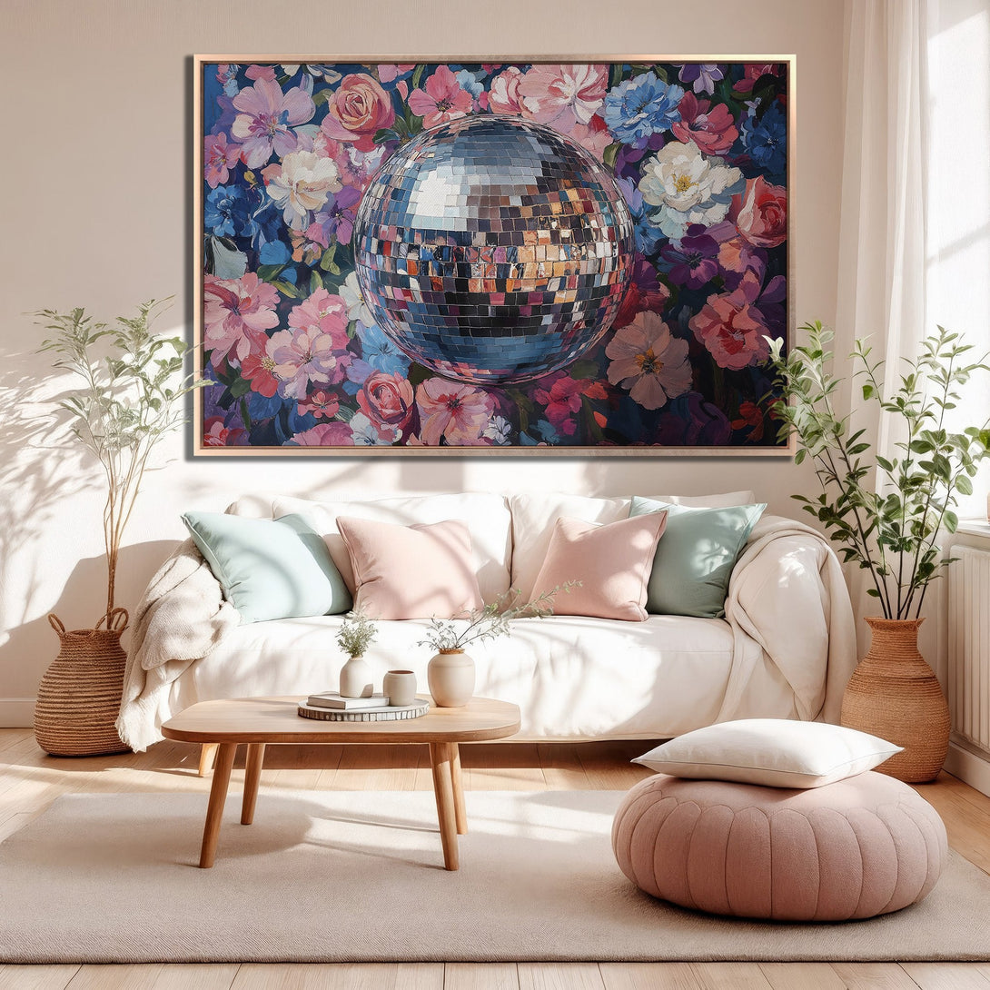 Framed Wall Art: Disco ball canvas print with floral background. Modern art in a vibrant pink, blue, and purple color palette. Perfect for living room decor.