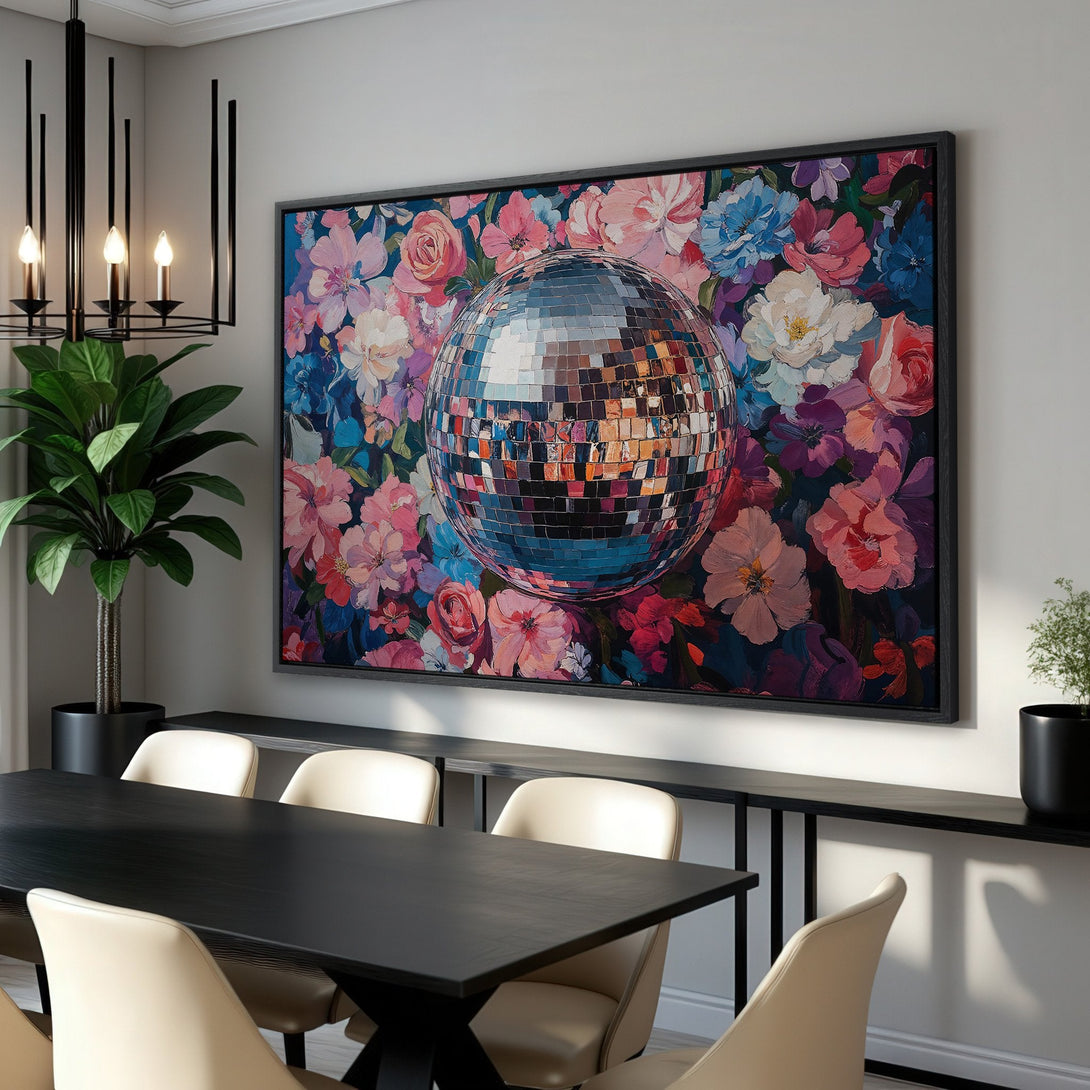 Framed Wall Art: Disco ball floral canvas print in a dining room. Colorful artwork with pink, blue, and purple hues. Modern, stylish decor.