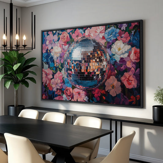 Vibrant Floral and Disco Ball Canvas Print Decor