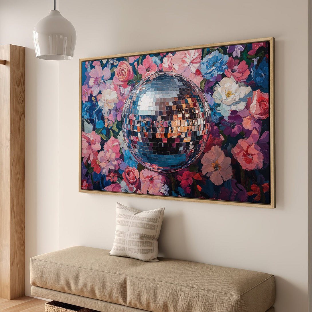 Framed Wall Art featuring a disco ball surrounded by vibrant floral blooms. A stunning canvas print with a colorful palette of pinks, blues, and purples.